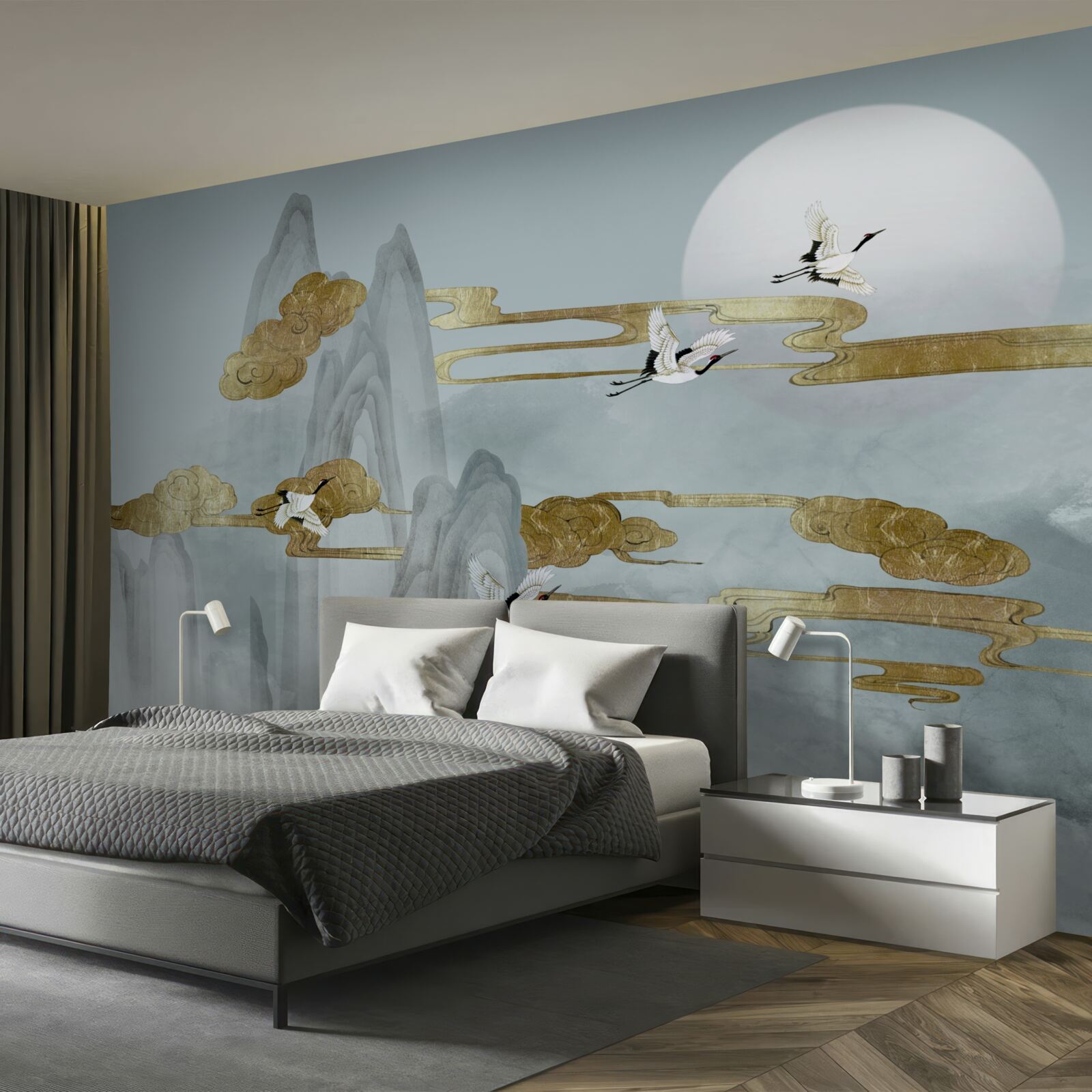 Fototapeta szare szczyty pozostają w tyle, gdy latają żurawie