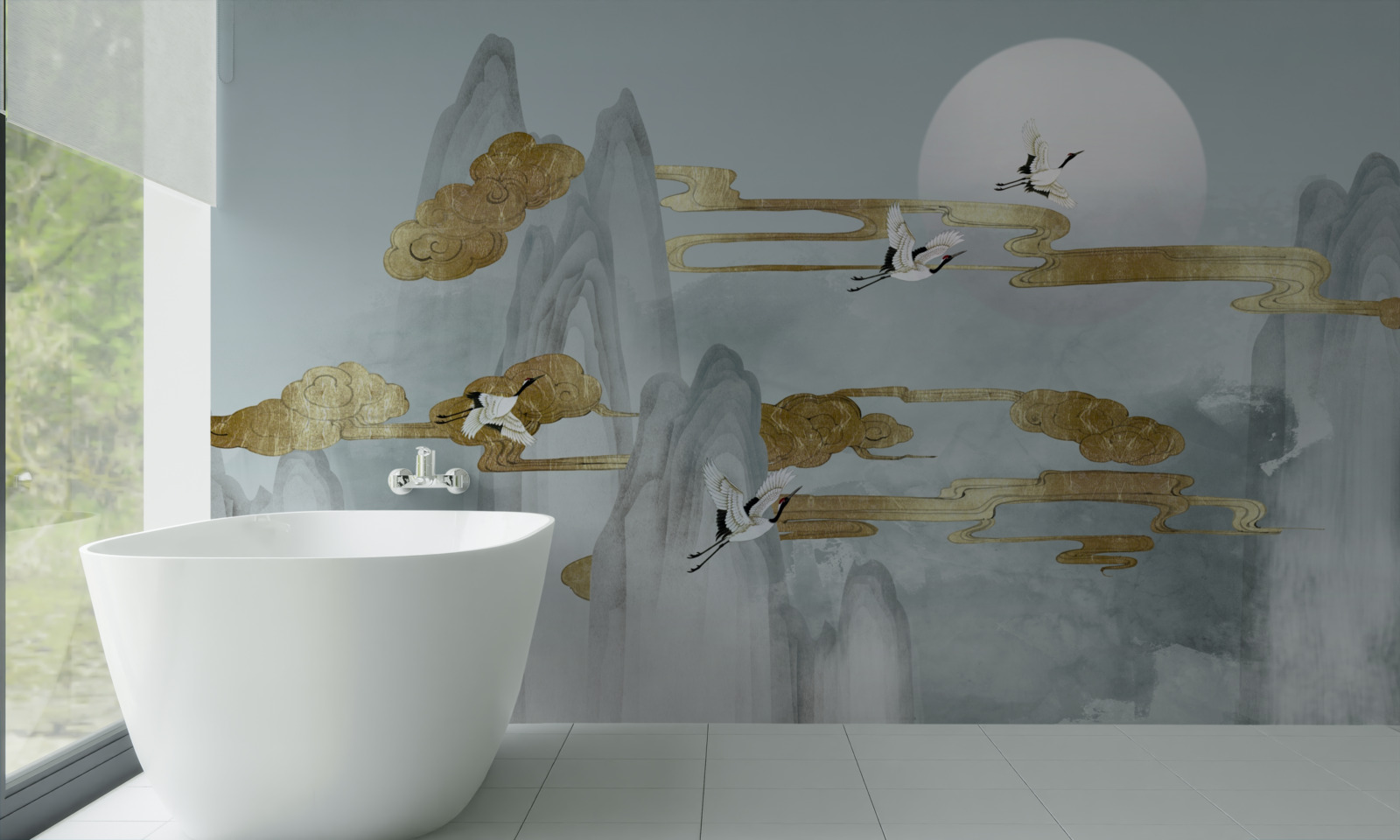 Fototapeta szare szczyty pozostają w tyle, gdy latają żurawie