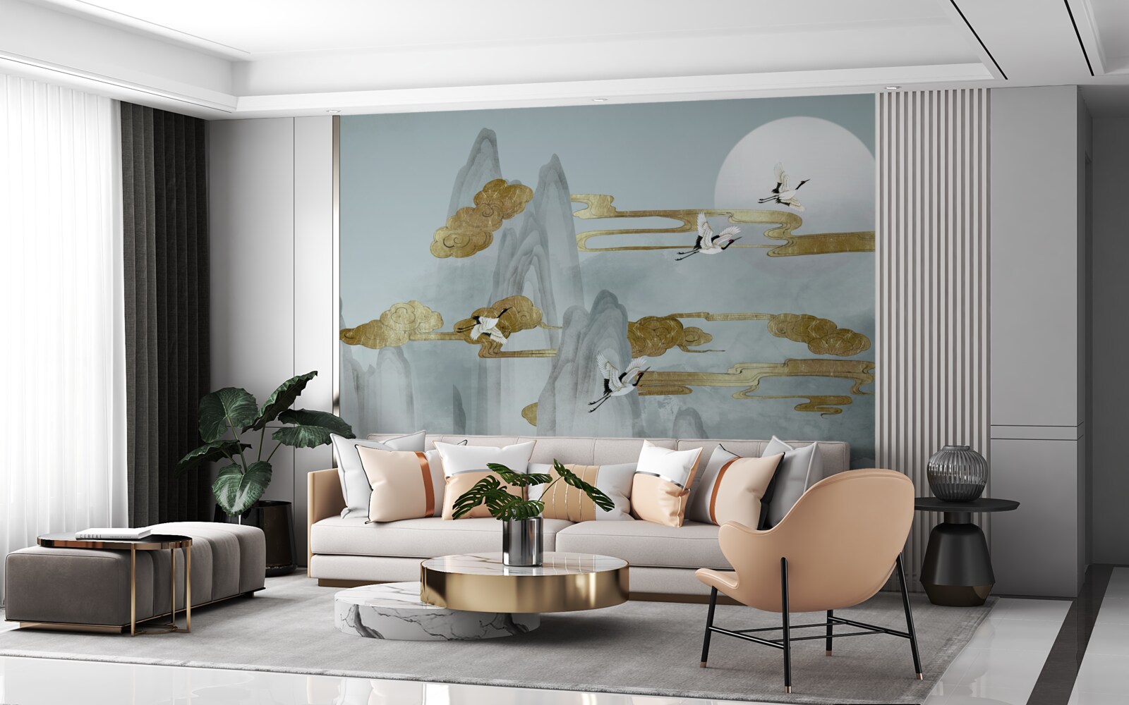 Fototapeta szare szczyty pozostają w tyle, gdy latają żurawie