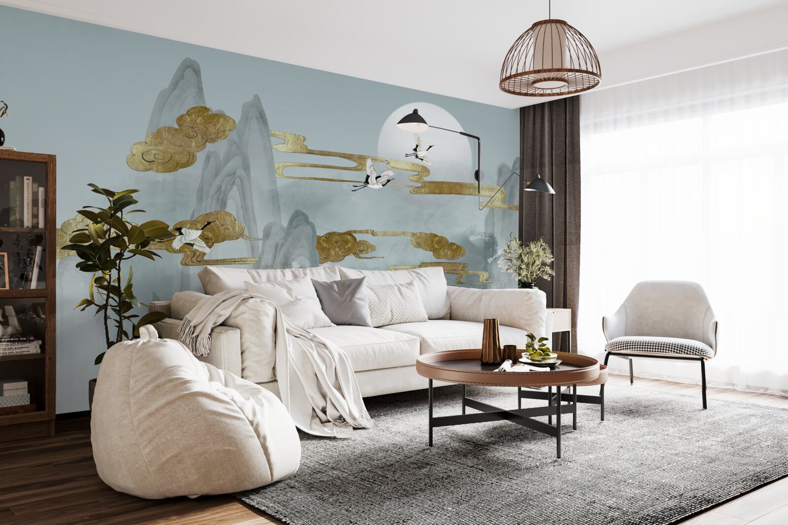 Fototapeta szare szczyty pozostają w tyle, gdy latają żurawie