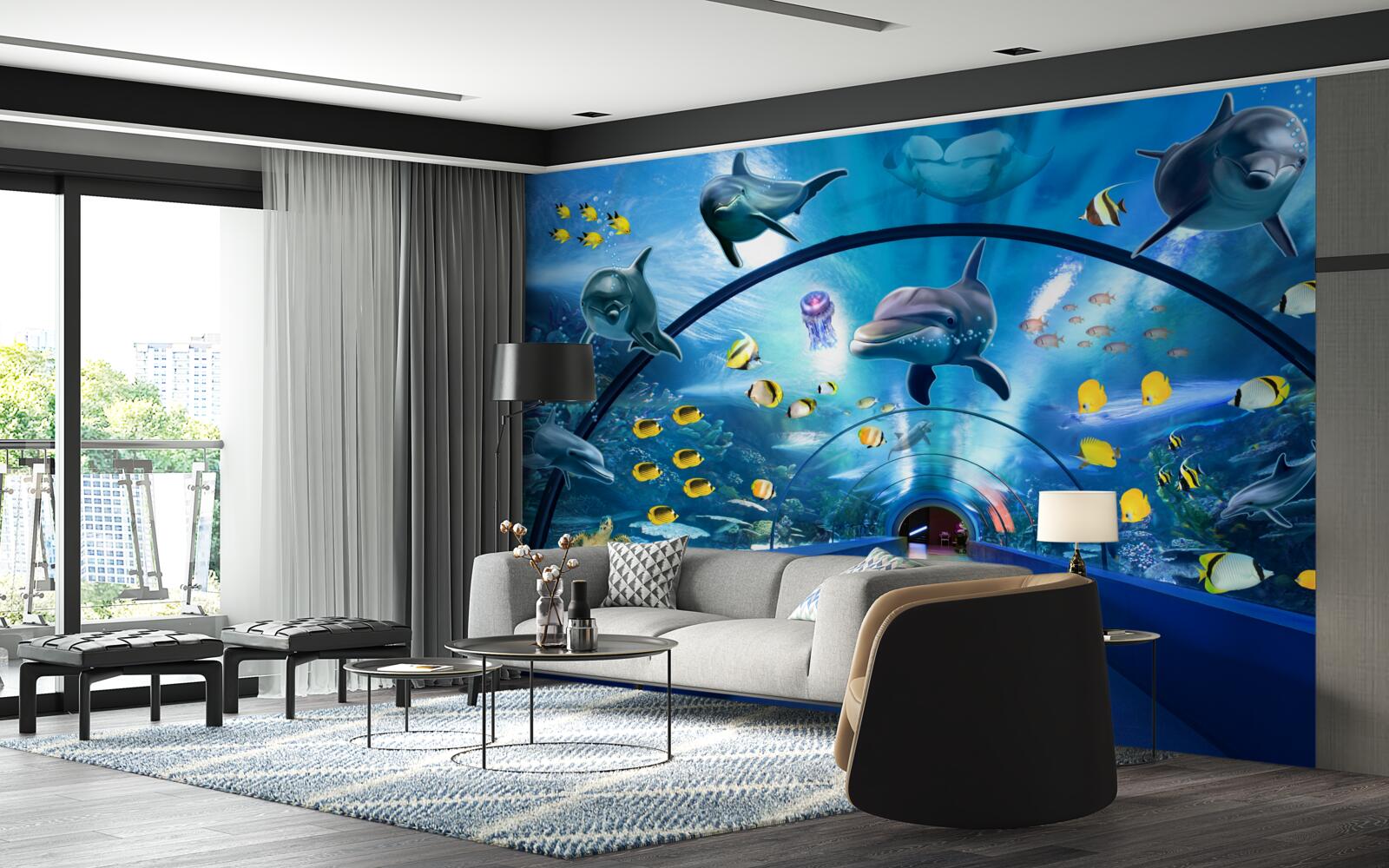 Fototapeta w akwarium są delfiny i ryby