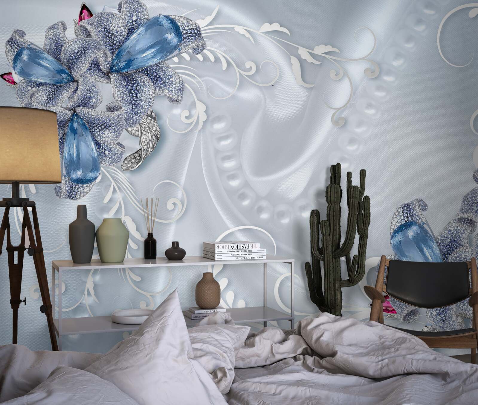 Fototapeta egzotyczne kwiaty utkane ze szlachetnego srebra i pięknych kamieni szlachetnych