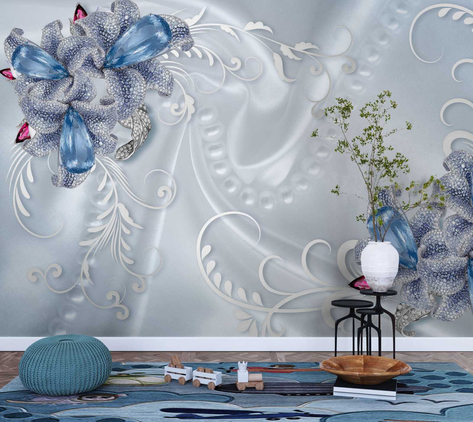 Fototapeta egzotyczne kwiaty utkane ze szlachetnego srebra i pięknych kamieni szlachetnych