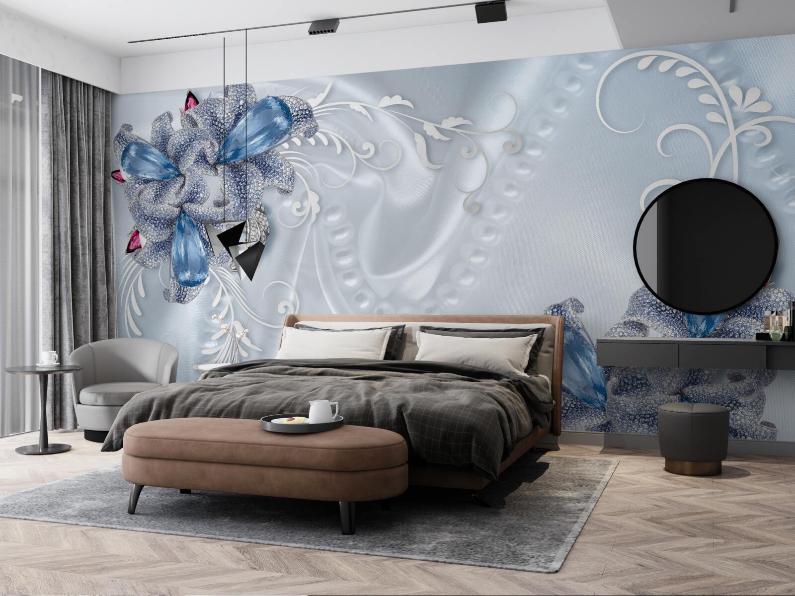 Fototapeta egzotyczne kwiaty utkane ze szlachetnego srebra i pięknych kamieni szlachetnych