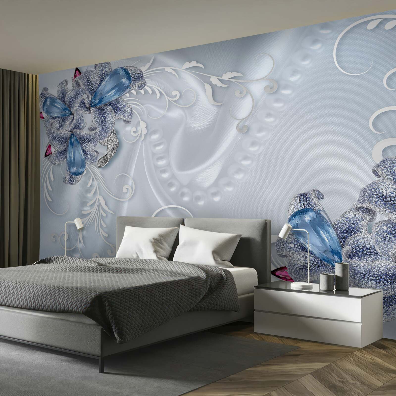 Fototapeta egzotyczne kwiaty utkane ze szlachetnego srebra i pięknych kamieni szlachetnych