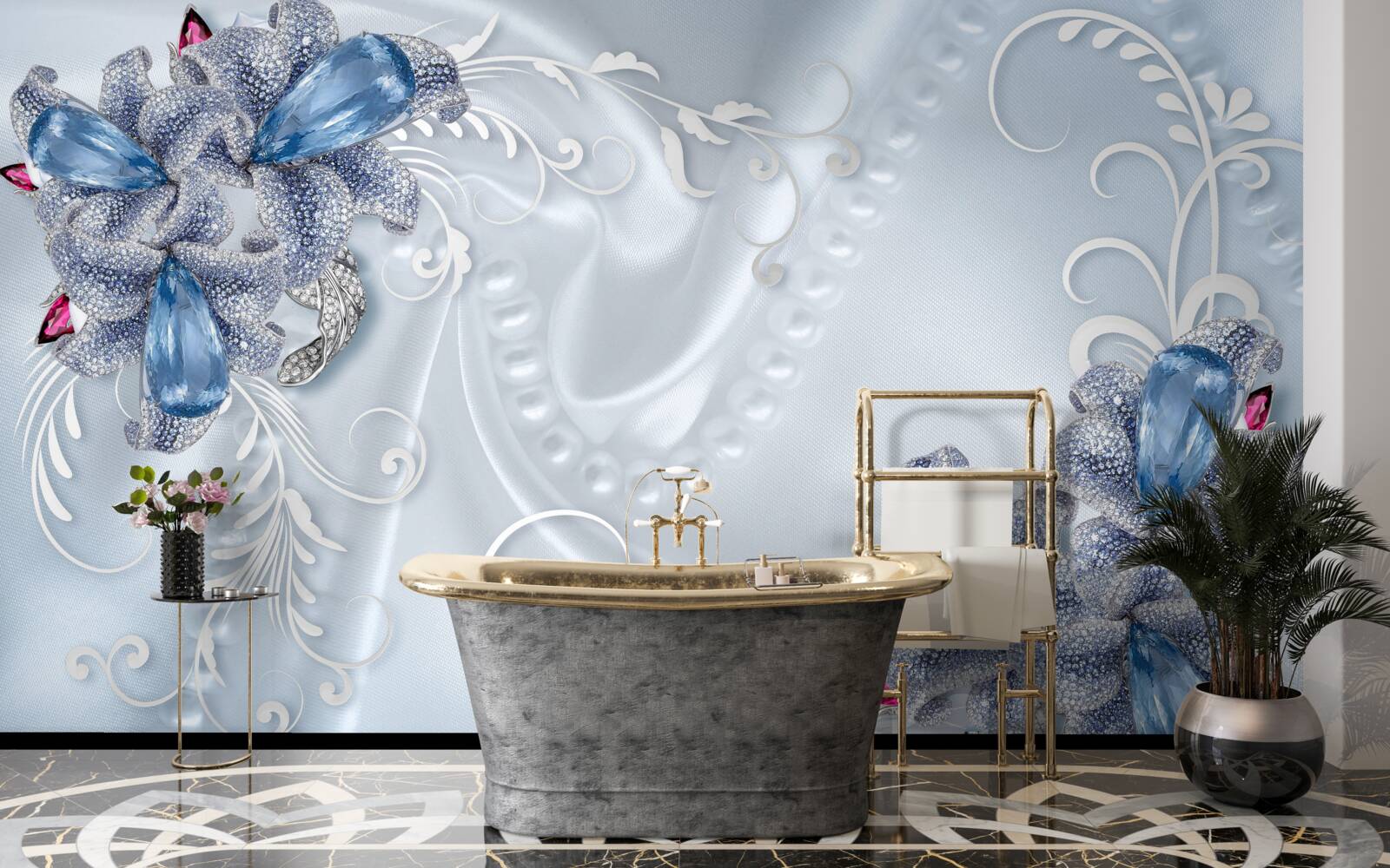 Fototapeta egzotyczne kwiaty utkane ze szlachetnego srebra i pięknych kamieni szlachetnych