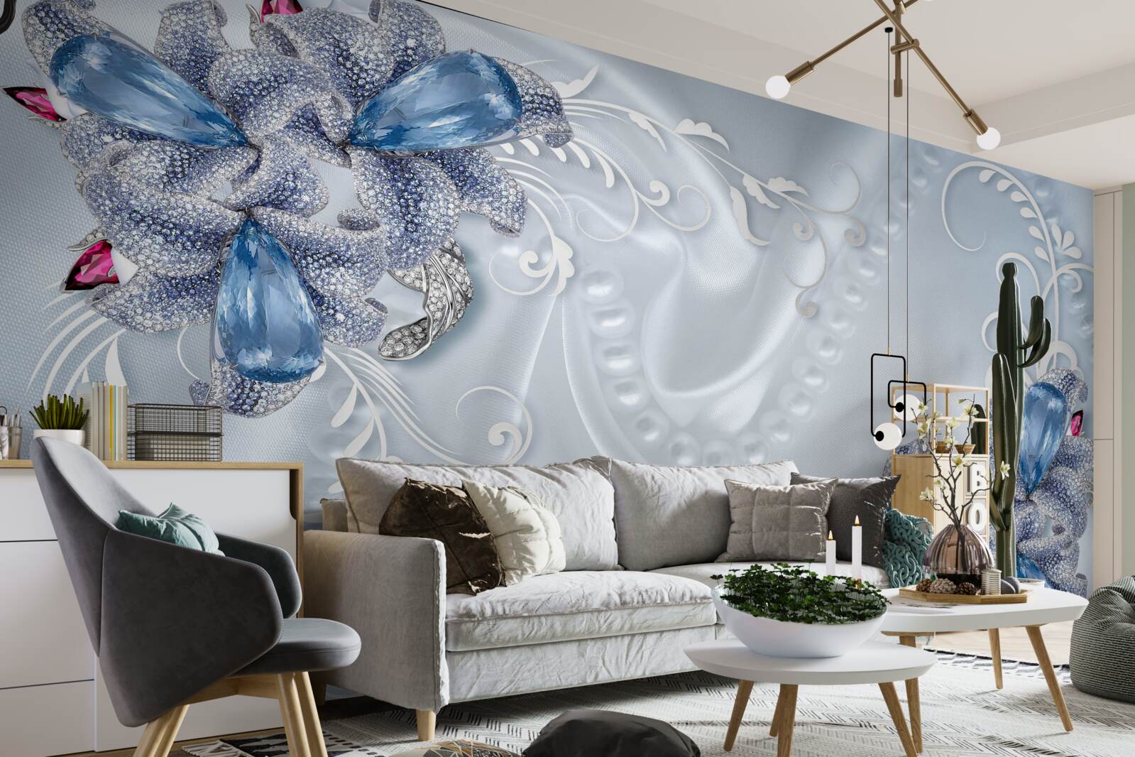 Fototapeta egzotyczne kwiaty utkane ze szlachetnego srebra i pięknych kamieni szlachetnych