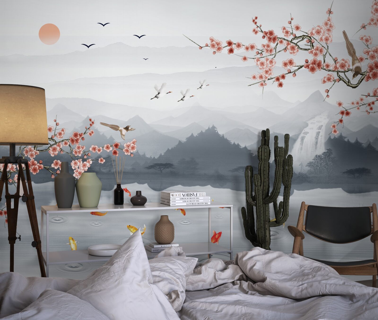 Fototapeta sakura kwitnąca u podnóża gór i w pobliżu wody