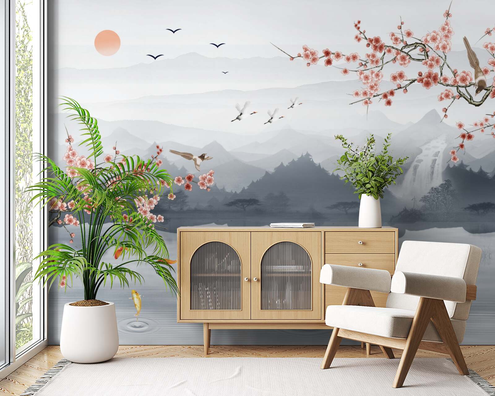 Fototapeta sakura kwitnąca u podnóża gór i w pobliżu wody