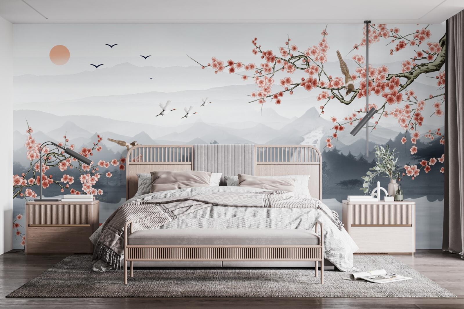 Fototapeta sakura kwitnąca u podnóża gór i w pobliżu wody