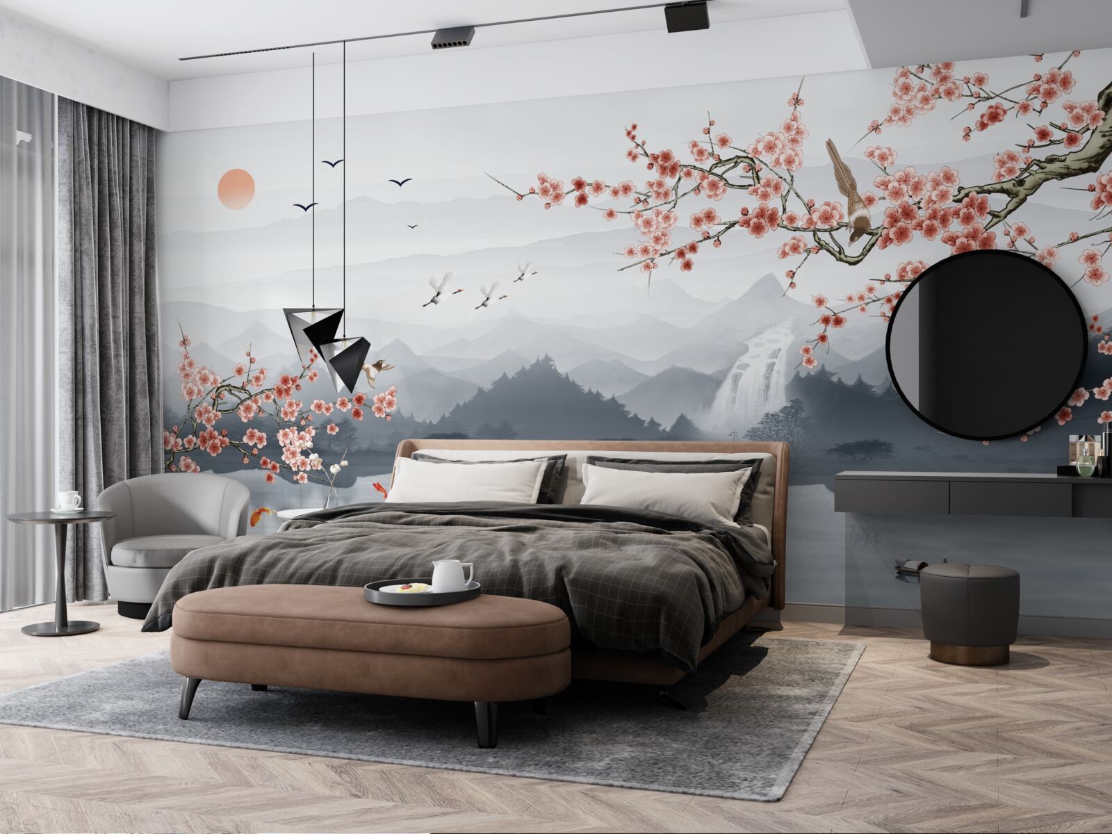 Fototapeta sakura kwitnąca u podnóża gór i w pobliżu wody