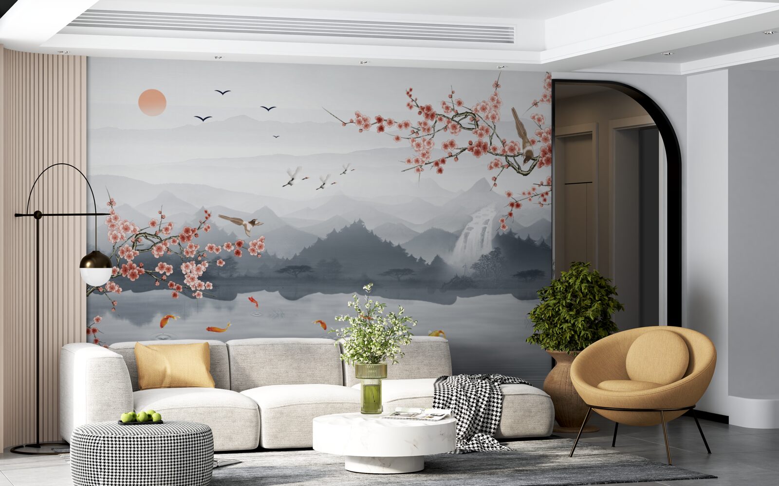 Fototapeta sakura kwitnąca u podnóża gór i w pobliżu wody