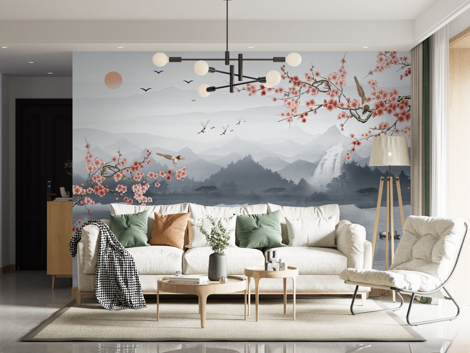 Fototapeta sakura kwitnąca u podnóża gór i w pobliżu wody