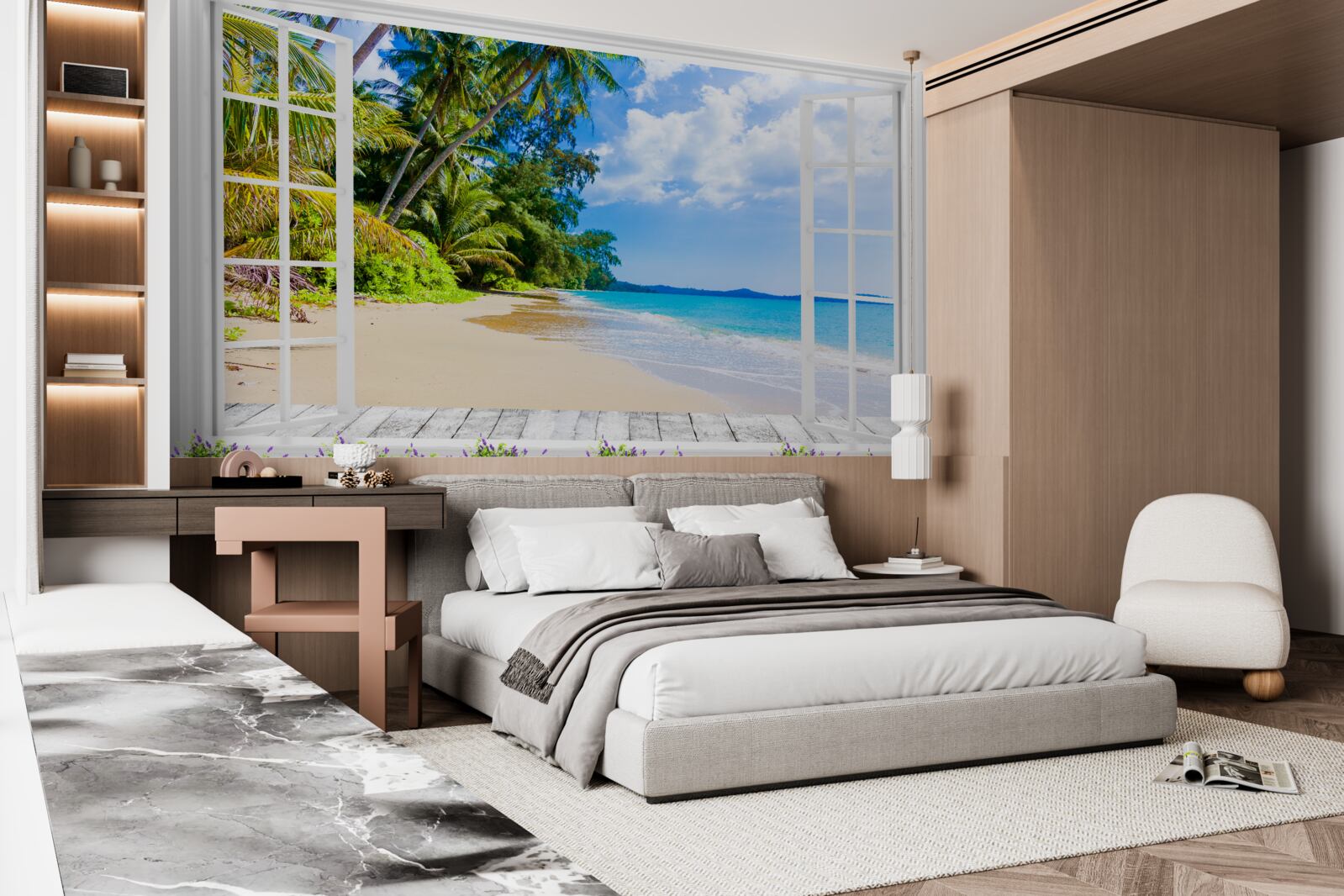 Fototapeta z okna roztacza się panorama plaży