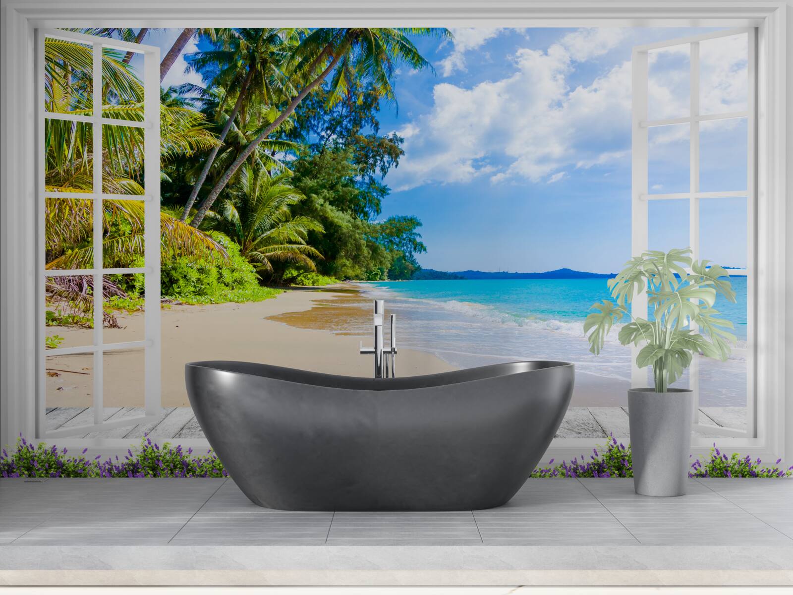Fototapeta z okna roztacza się panorama plaży
