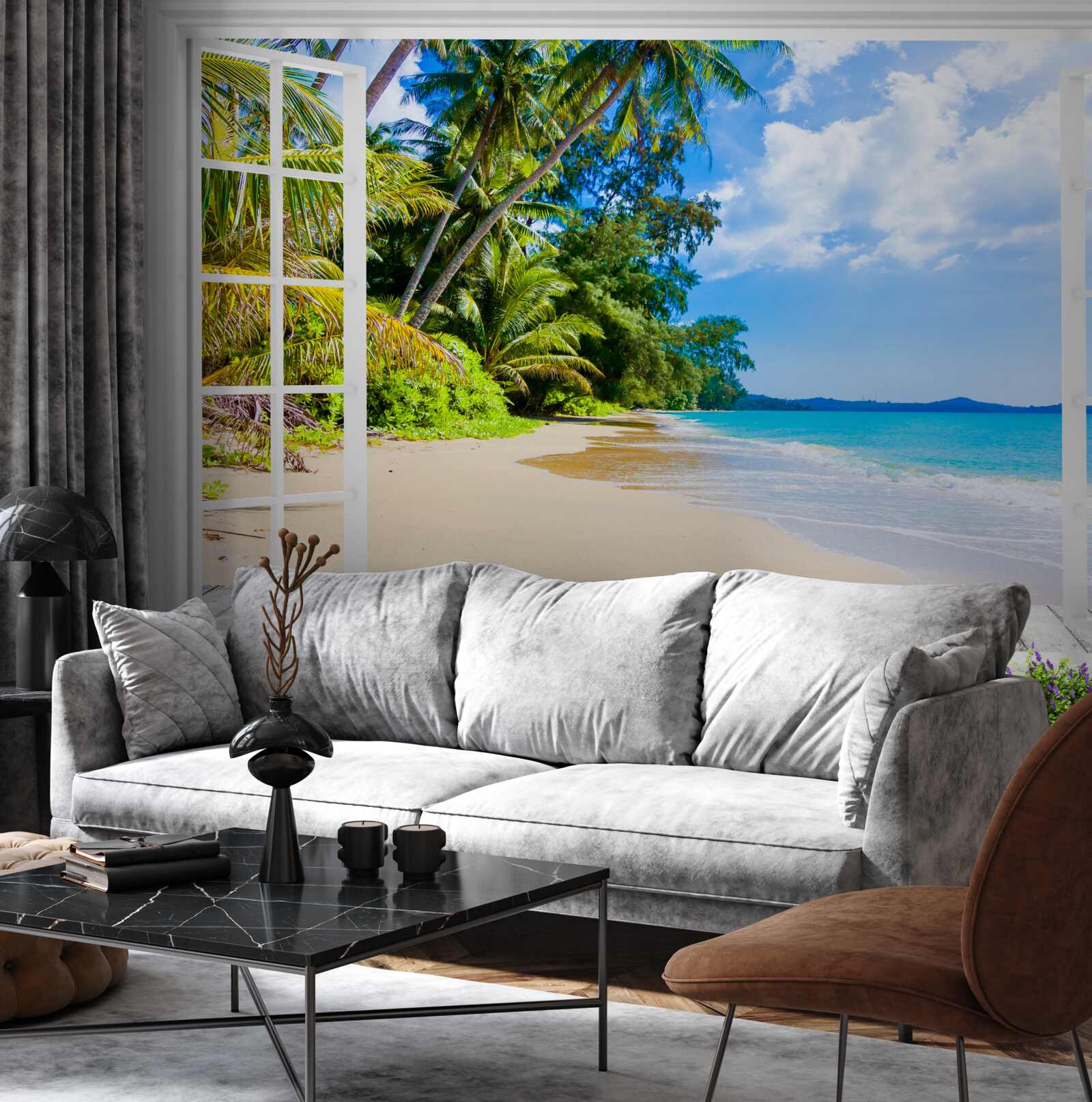 Fototapeta z okna roztacza się panorama plaży