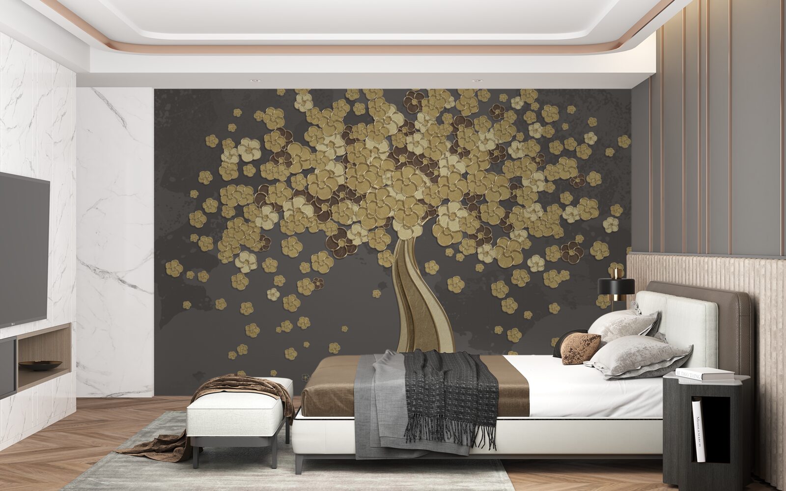 Fototapeta nocne drzewo kwitnące złotem