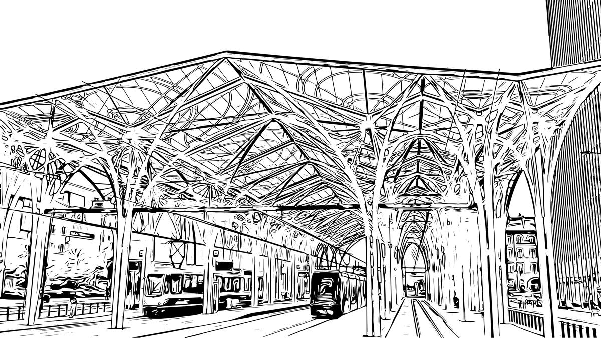 Fototapeta dworzec i pociągi widoczne na zdjęciu