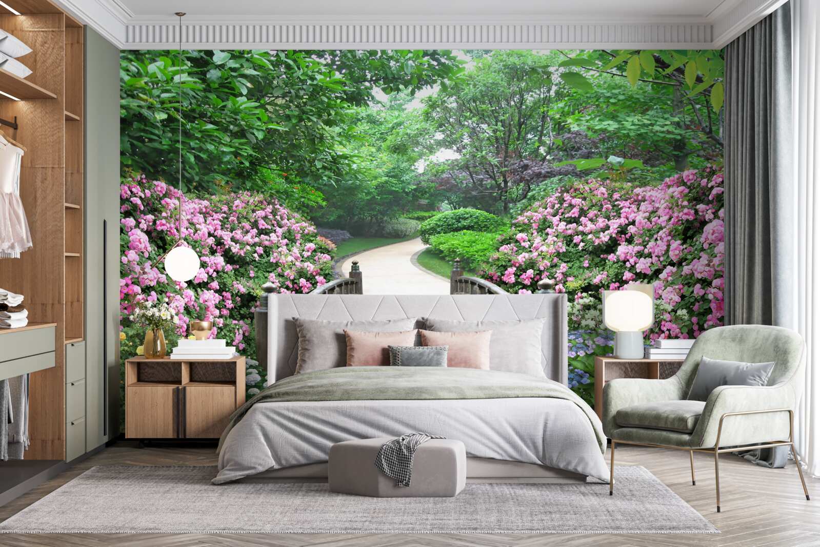 Fototapeta malowniczy drewniany most biegnący przez kwitnącą zieleń drzew