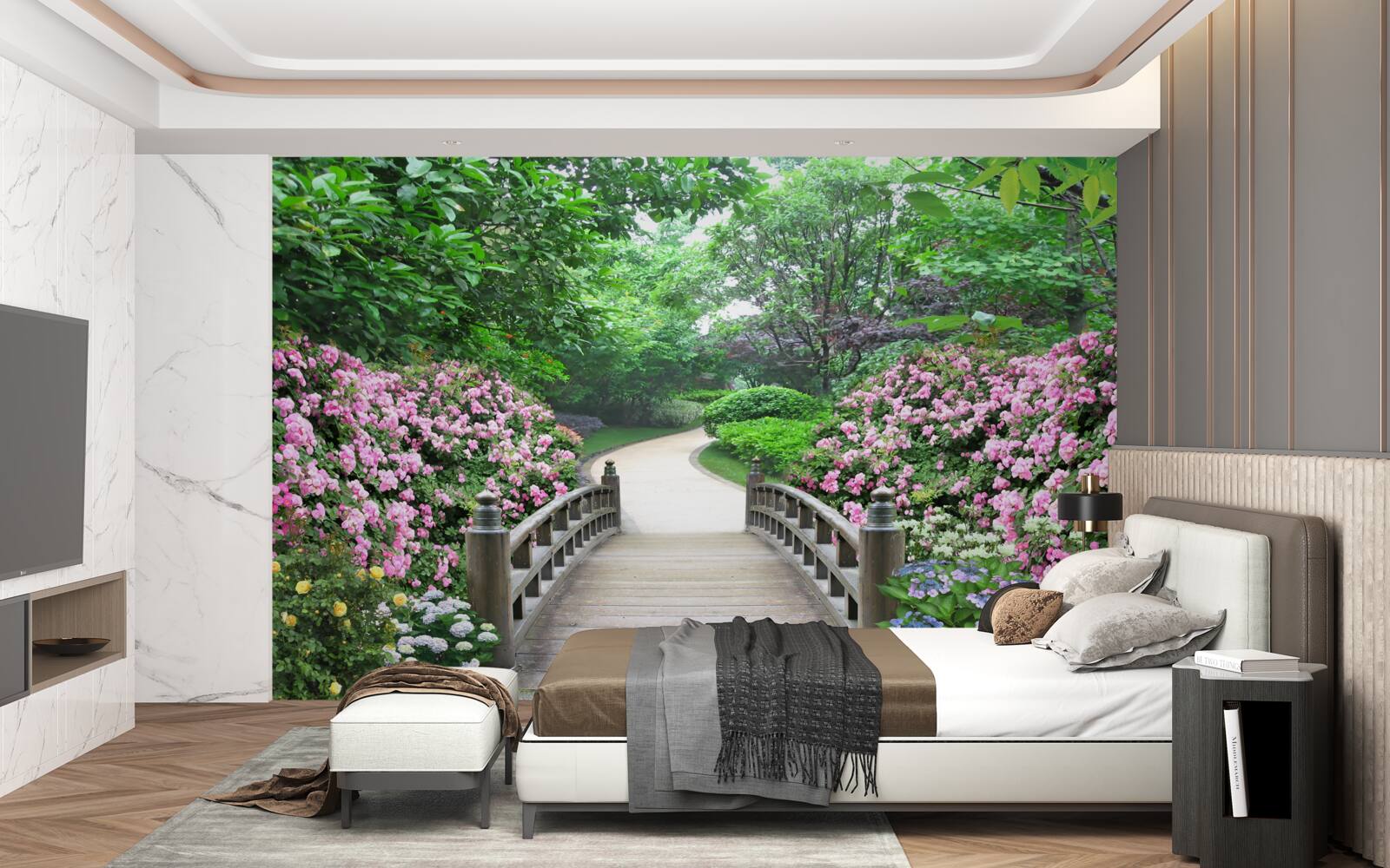 Fototapeta malowniczy drewniany most biegnący przez kwitnącą zieleń drzew