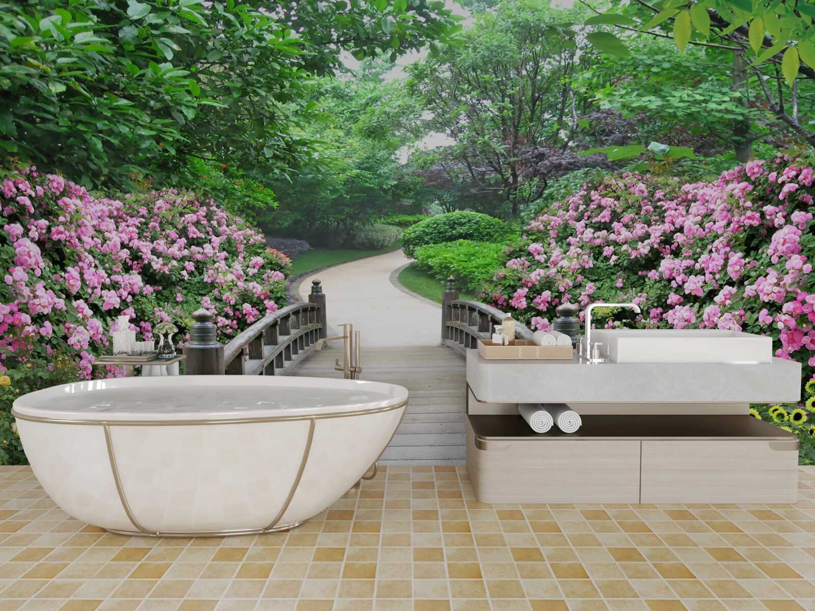 Fototapeta malowniczy drewniany most biegnący przez kwitnącą zieleń drzew