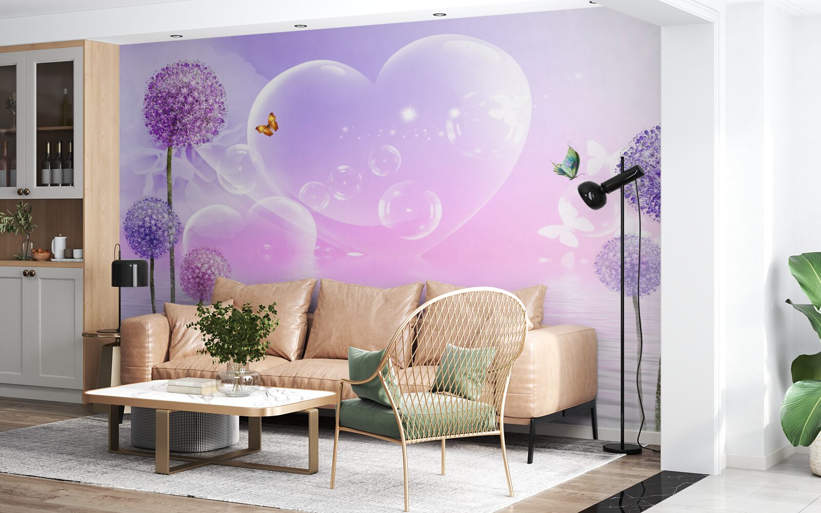 Fototapeta fioletowe kwiaty na tle wody i serc