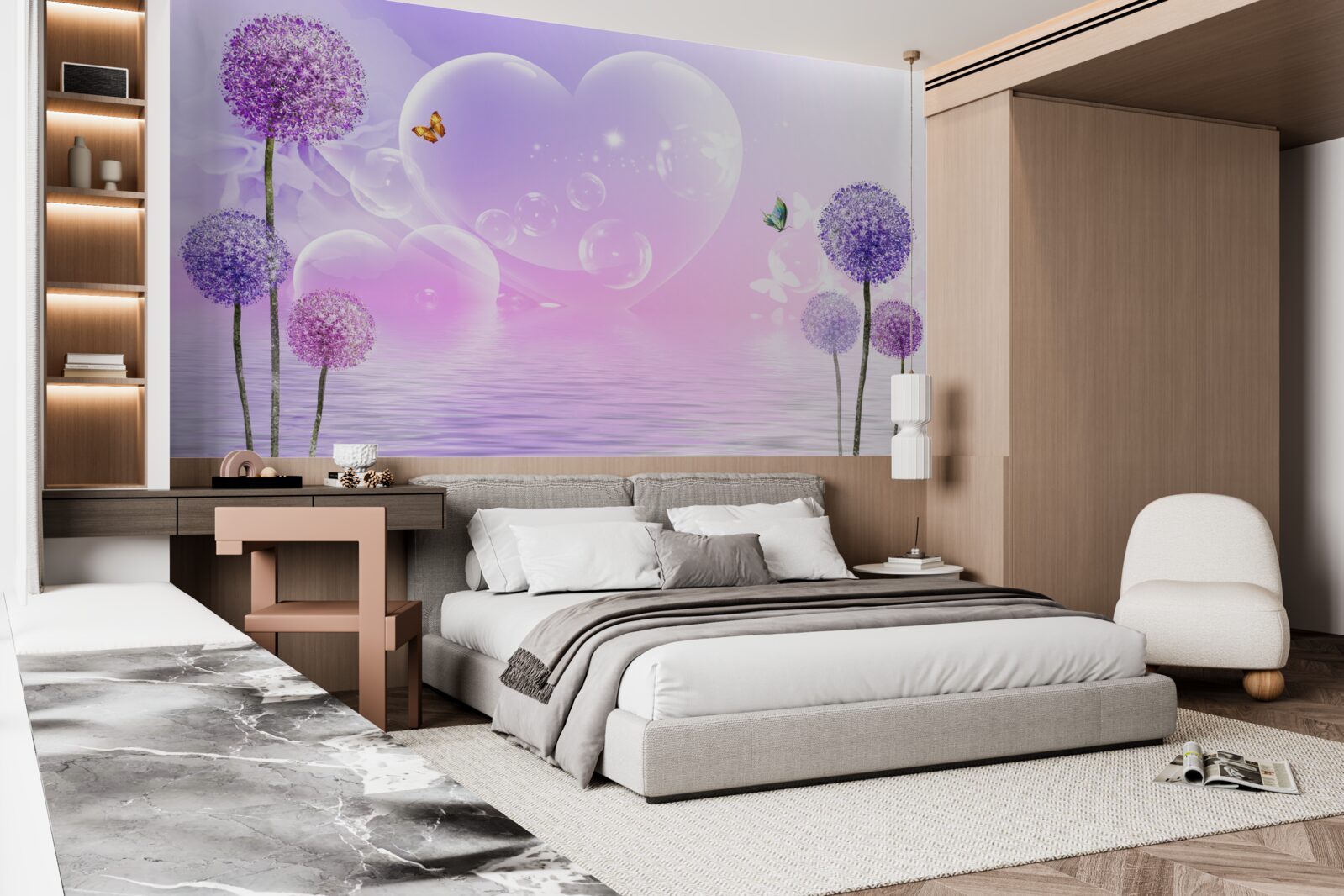 Fototapeta fioletowe kwiaty na tle wody i serc