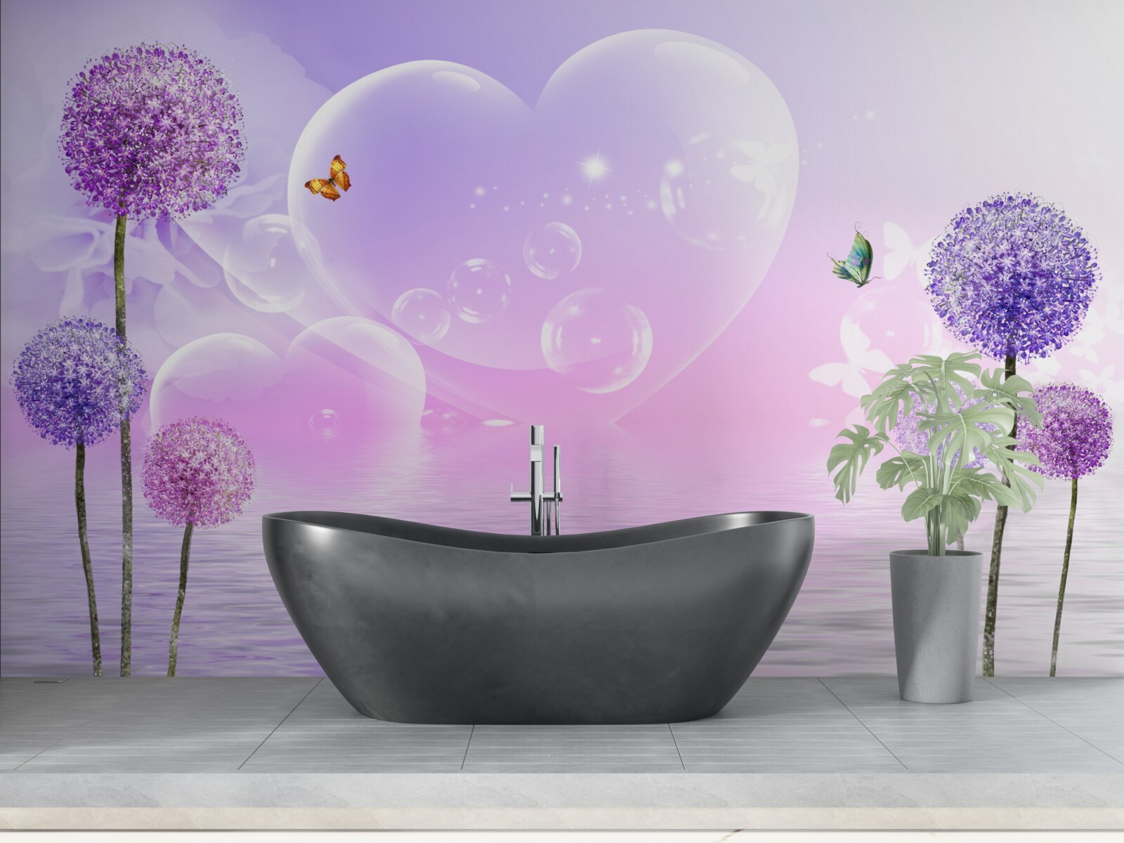 Fototapeta fioletowe kwiaty na tle wody i serc
