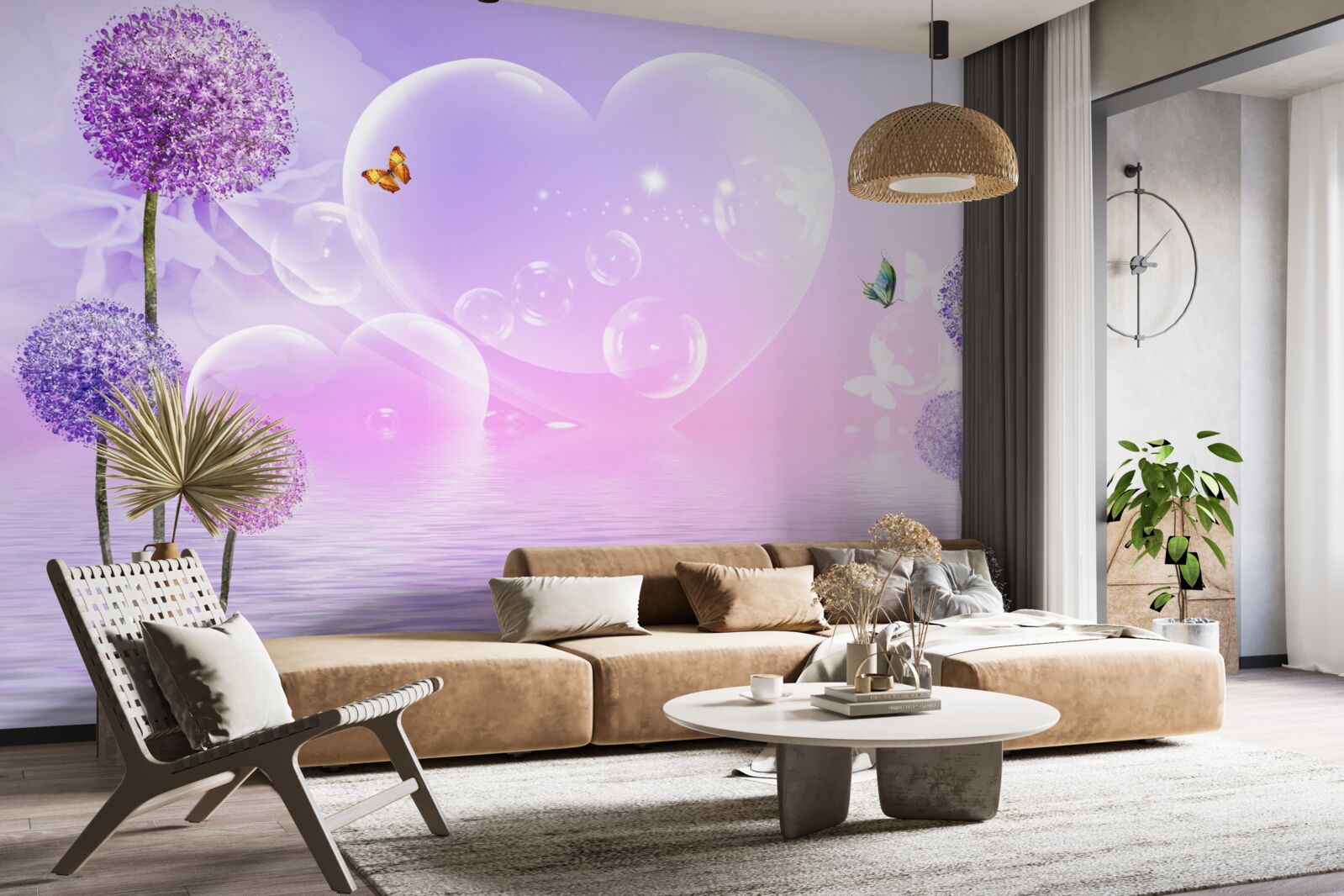 Fototapeta fioletowe kwiaty na tle wody i serc