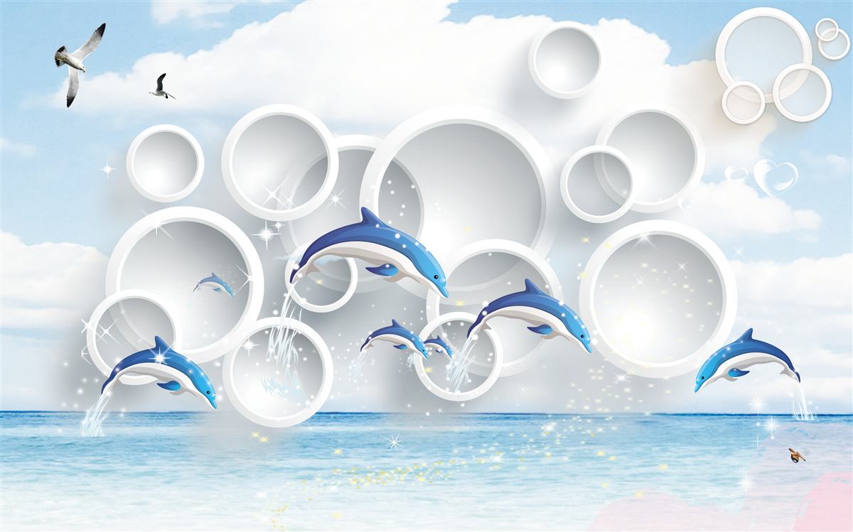 Fototapeta abstrakcyjne pierścienie i delfiny skaczące po powierzchni wody