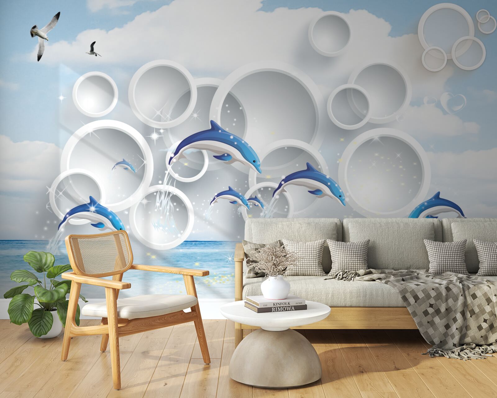 Fototapeta abstrakcyjne pierścienie i delfiny skaczące po powierzchni wody