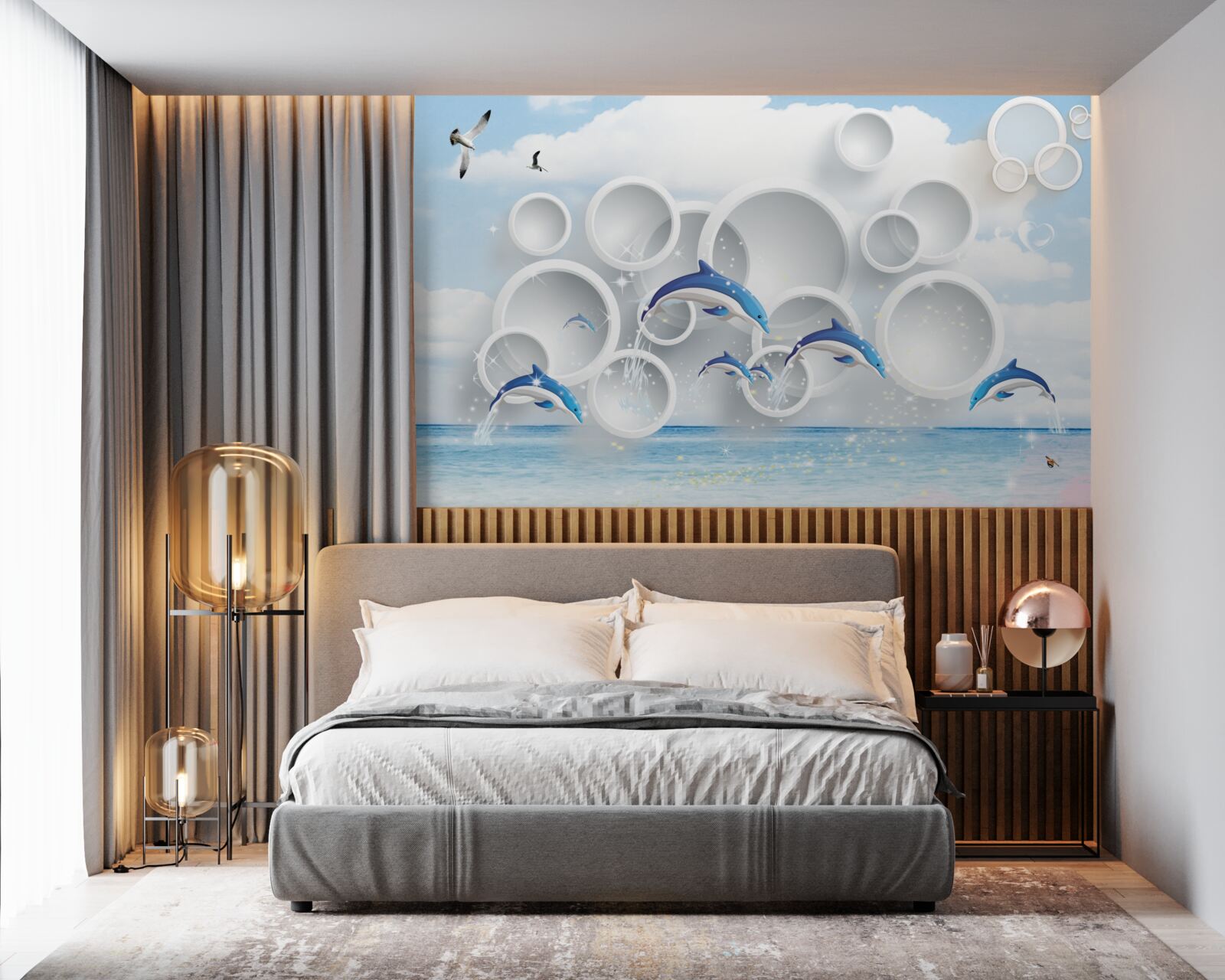 Fototapeta abstrakcyjne pierścienie i delfiny skaczące po powierzchni wody