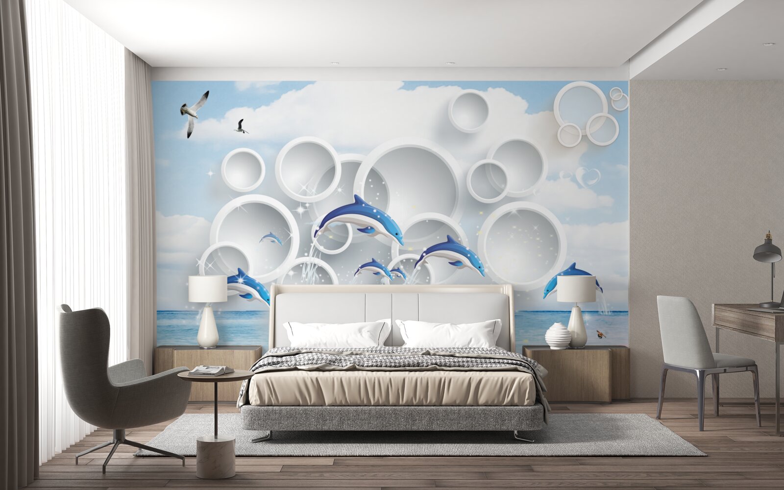 Fototapeta abstrakcyjne pierścienie i delfiny skaczące po powierzchni wody