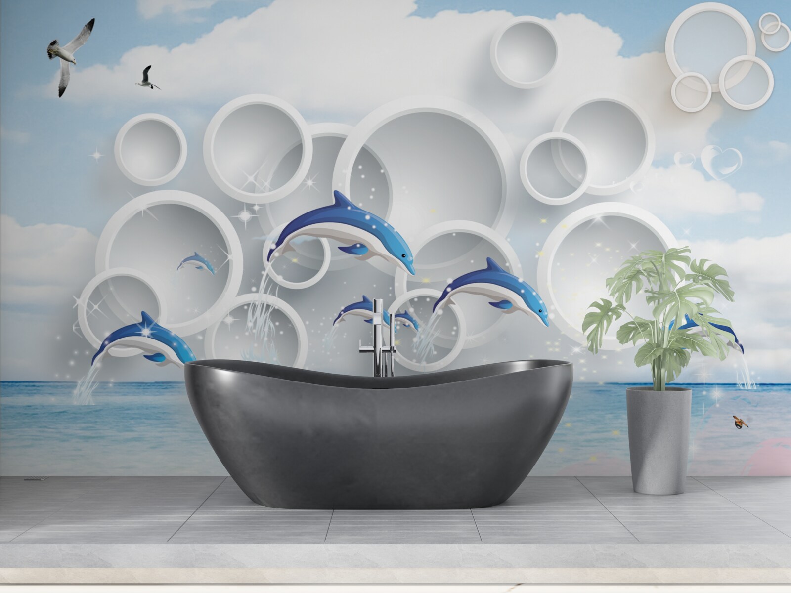 Fototapeta abstrakcyjne pierścienie i delfiny skaczące po powierzchni wody