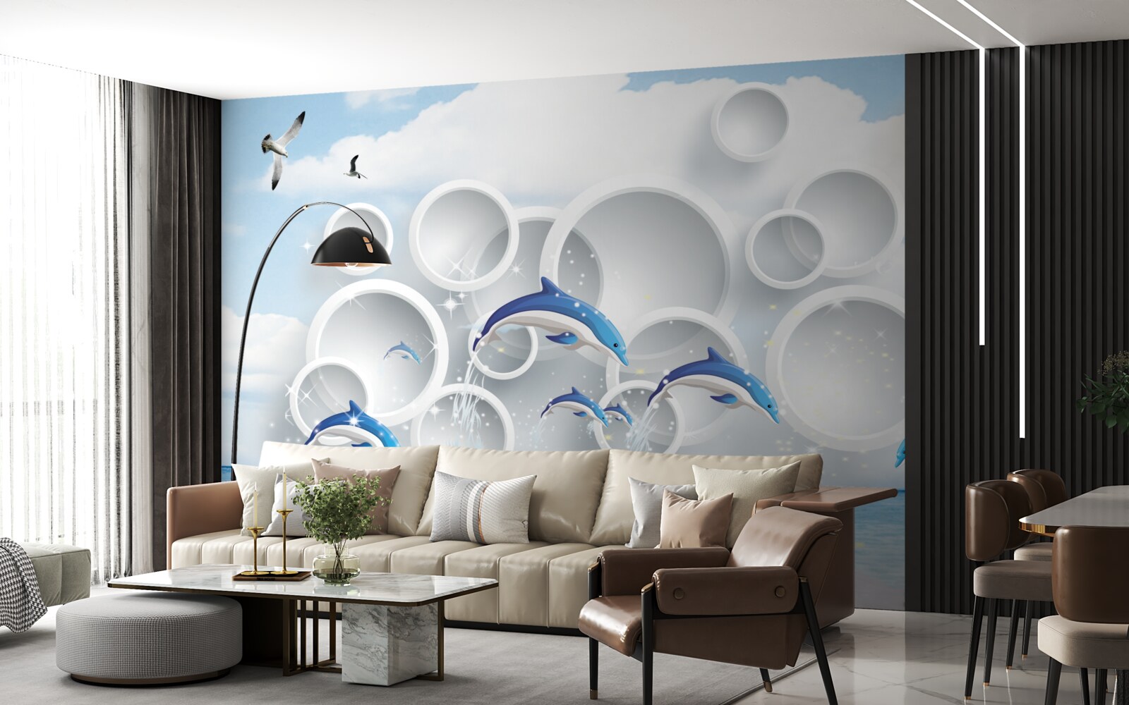 Fototapeta abstrakcyjne pierścienie i delfiny skaczące po powierzchni wody