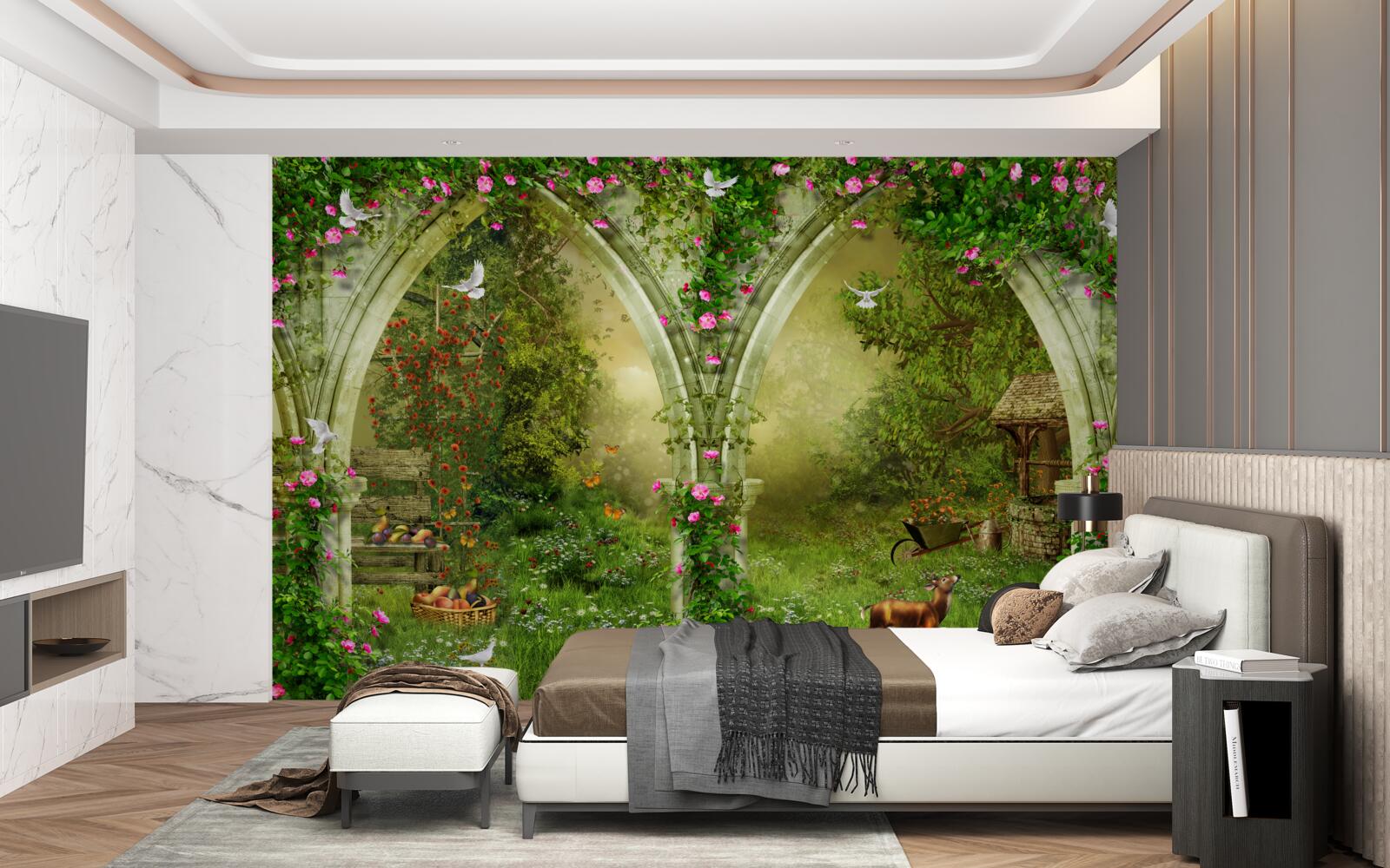 Fototapeta Łuki wykonane z zielonego kamienia z wizerunkami zwierząt