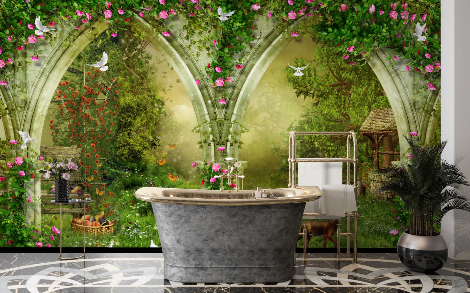 Fototapeta Łuki wykonane z zielonego kamienia z wizerunkami zwierząt