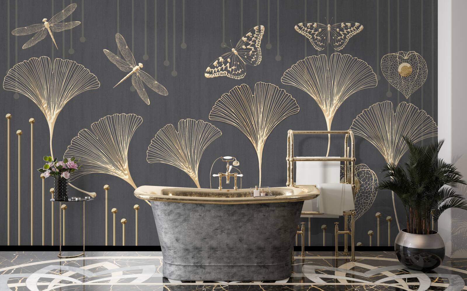 Fototapeta przeciwnie, pionowe linie zbiegają się na szarym tle