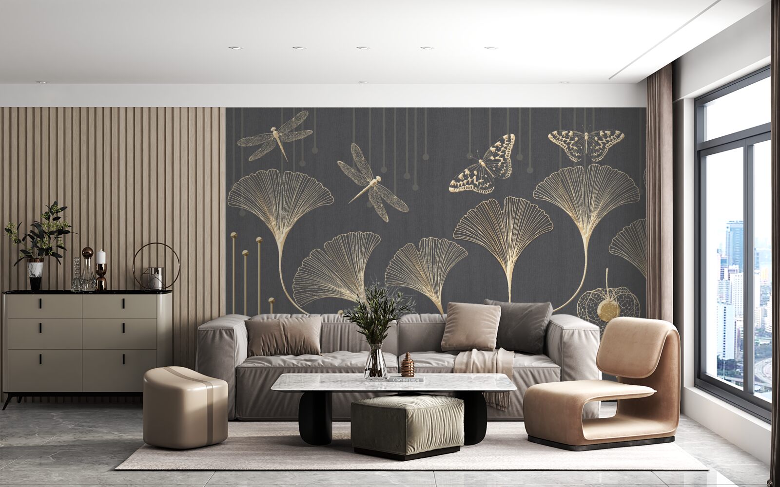 Fototapeta przeciwnie, pionowe linie zbiegają się na szarym tle