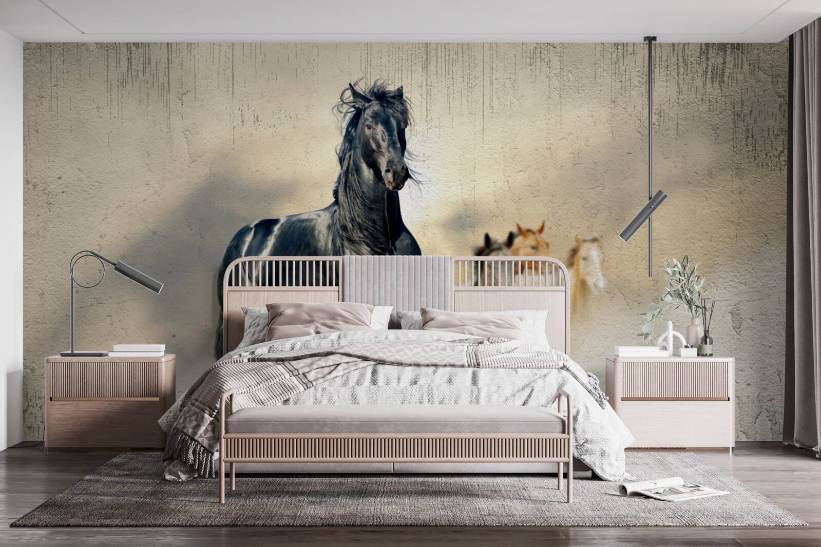 Fototapeta na rozległej łące pasie się stado koni