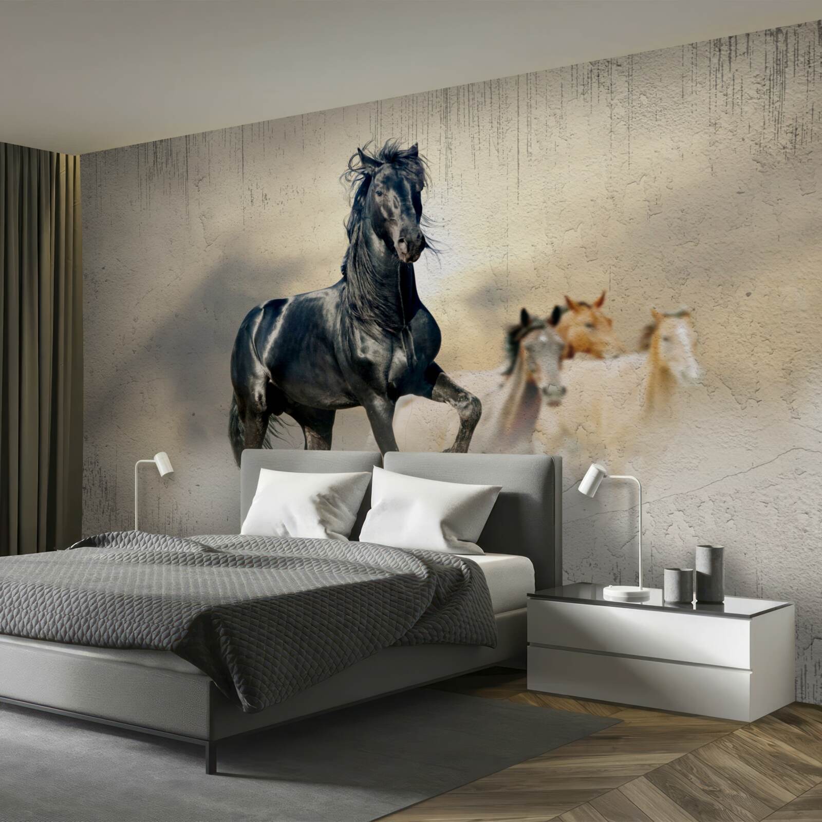 Fototapeta na rozległej łące pasie się stado koni