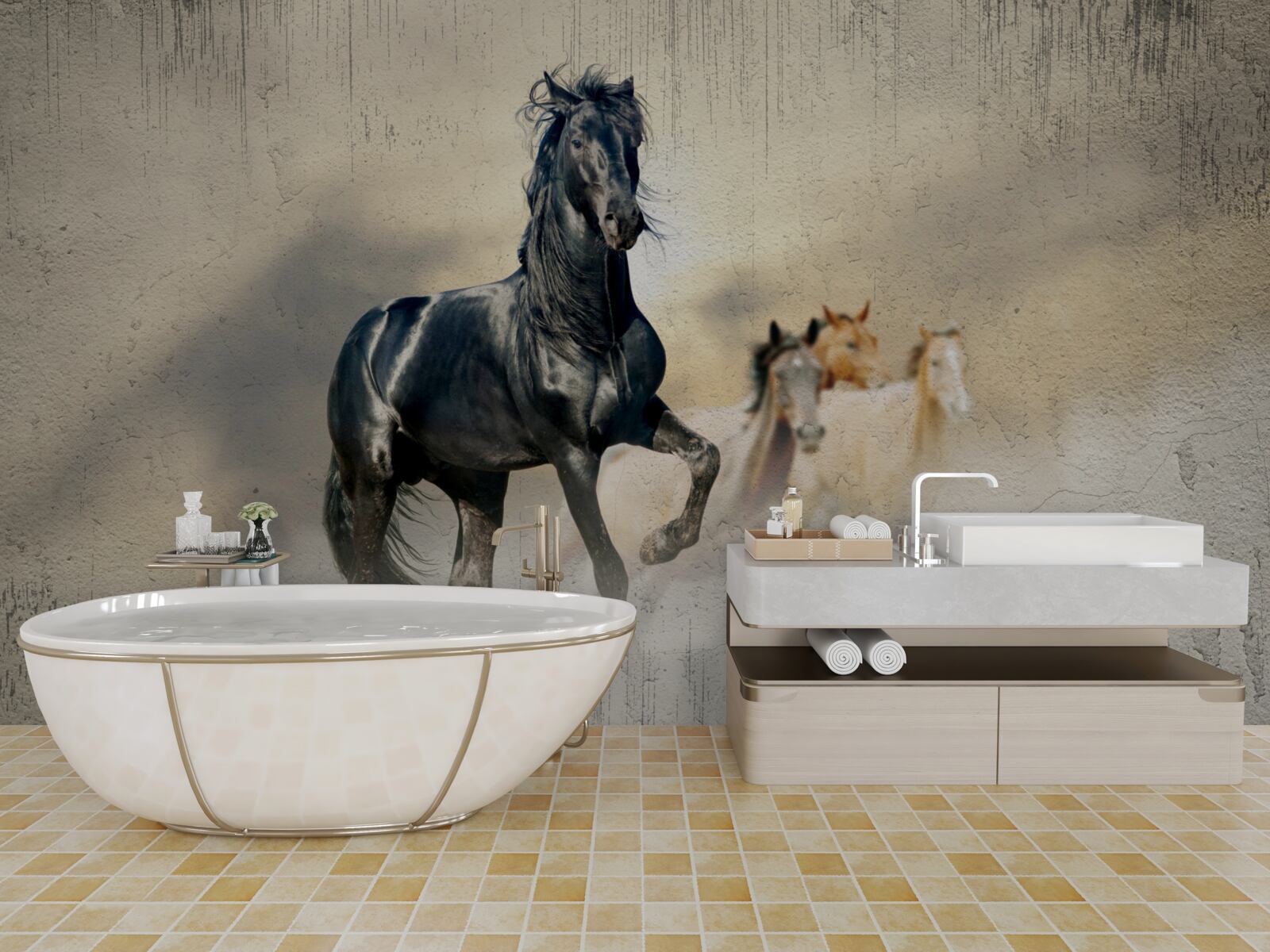 Fototapeta na rozległej łące pasie się stado koni