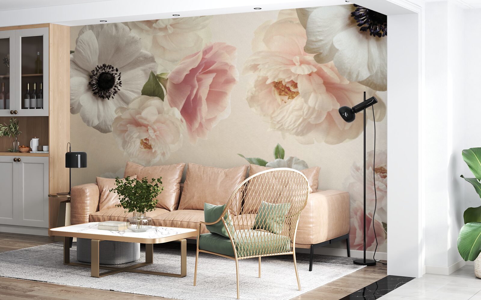 Fototapeta różowa róża z białym makiem