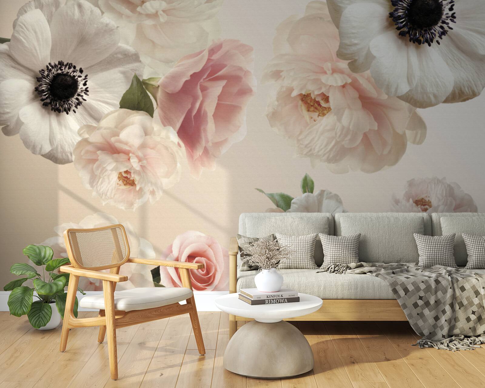 Fototapeta różowa róża z białym makiem