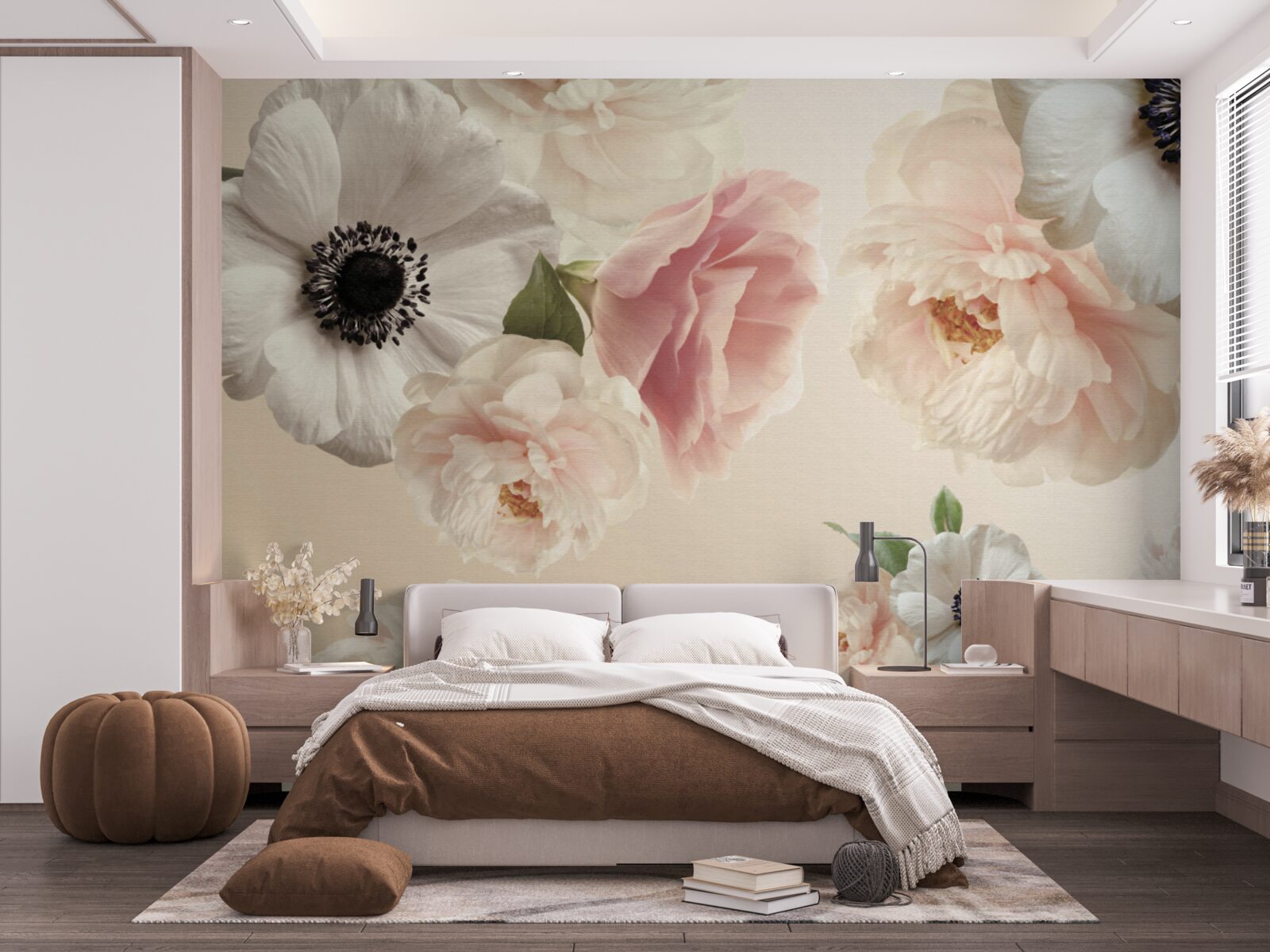 Fototapeta różowa róża z białym makiem