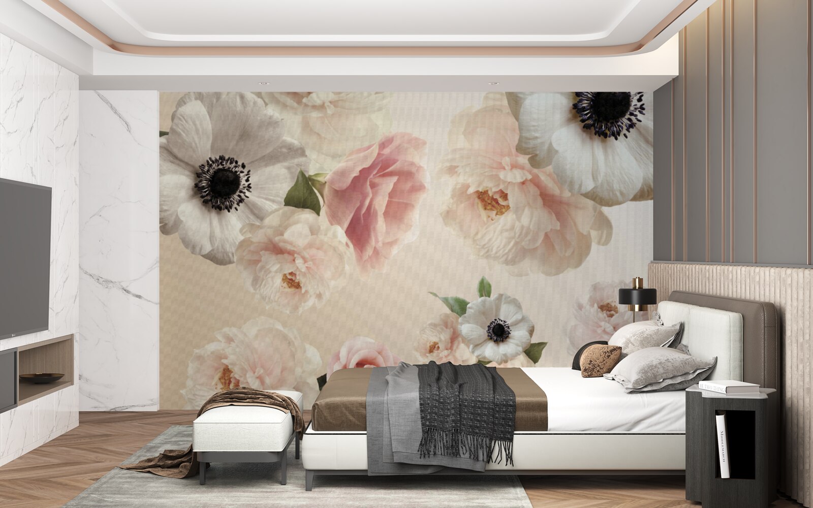 Fototapeta różowa róża z białym makiem