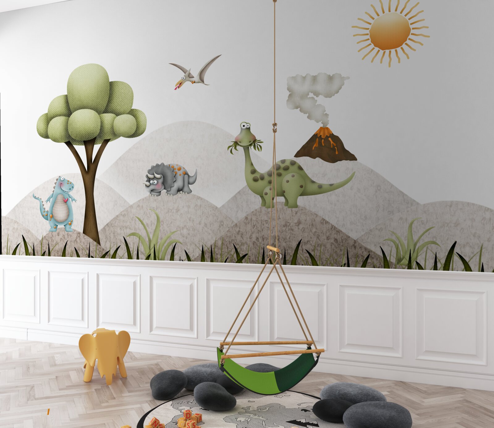 Fototapeta dinozaury spacerują obok wulkanu