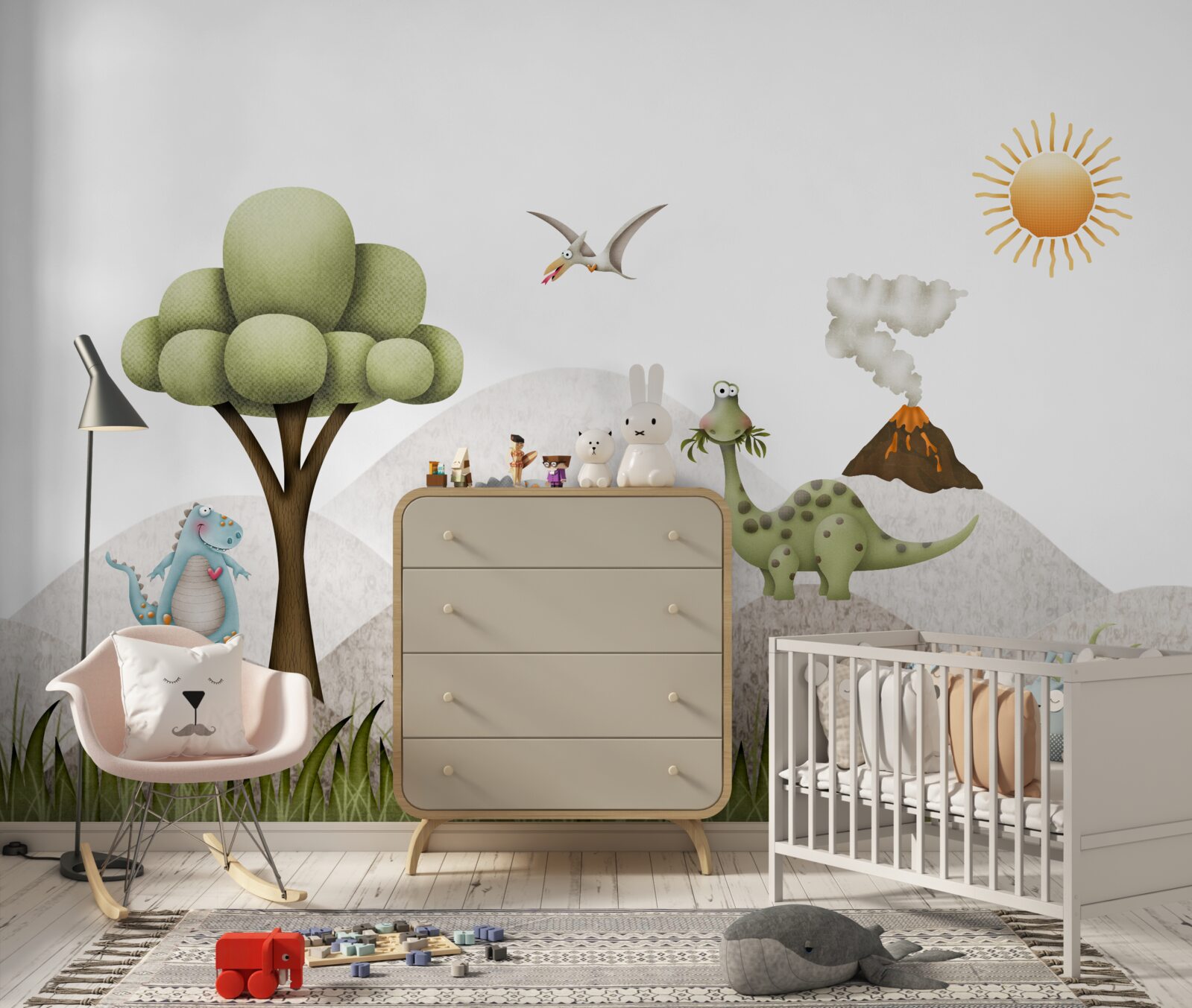 Fototapeta dinozaury spacerują obok wulkanu