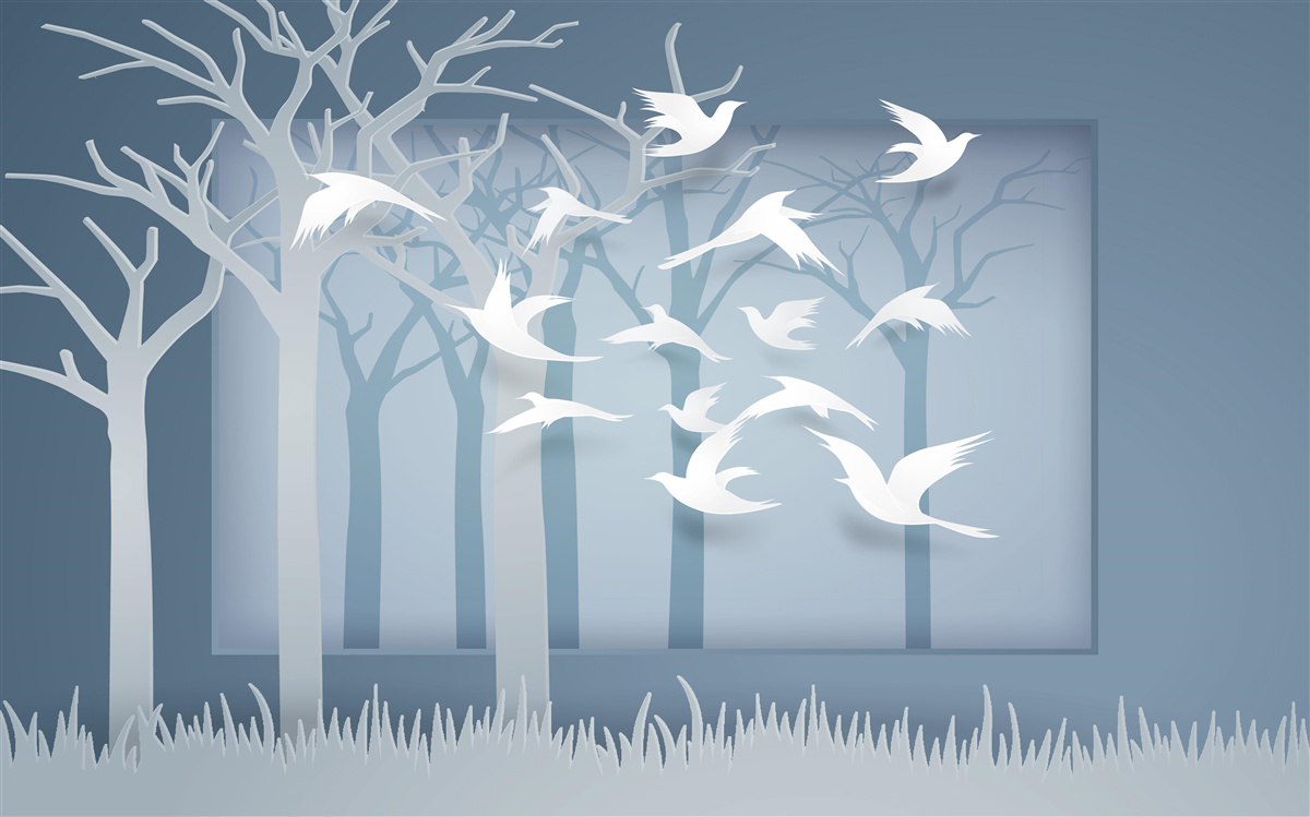 Fototapeta grupa lekkich ptaków przecina niebo nad nocnym zaroślem