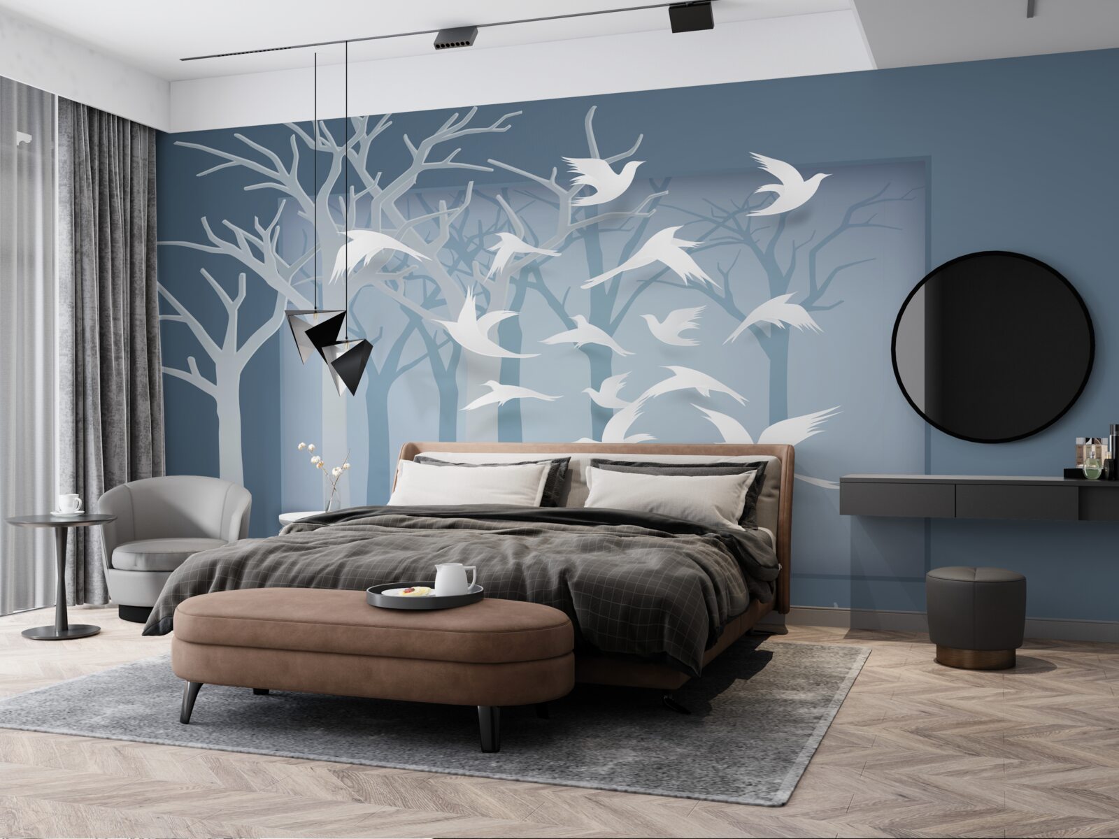 Fototapeta grupa lekkich ptaków przecina niebo nad nocnym zaroślem